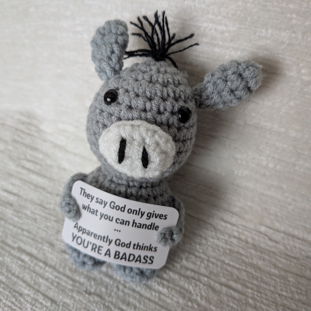 Donkey Motivational Crochet Figure, 2" Wide 4" Tall Gray Funny Message